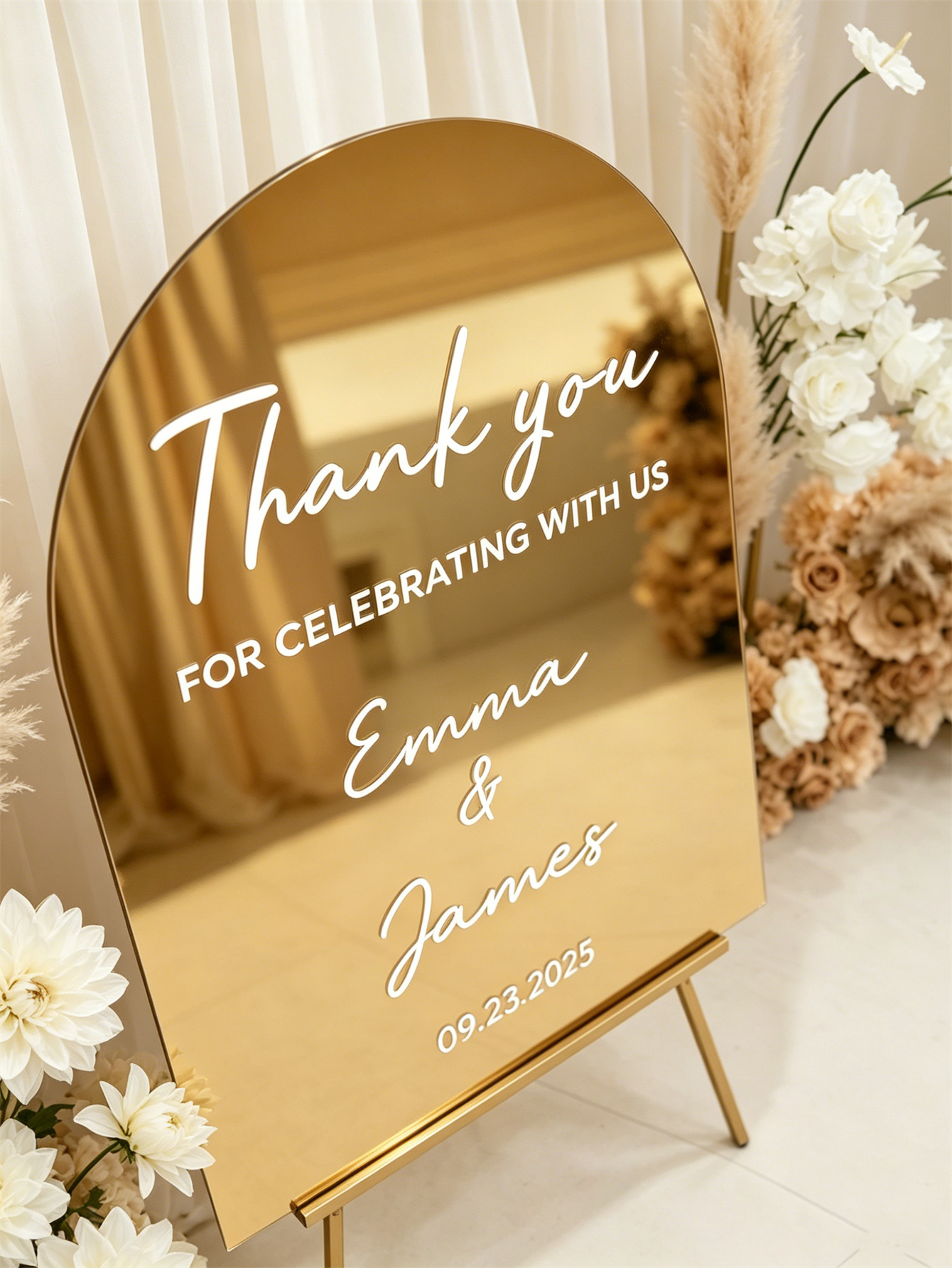 Mirror acrylic welcome signs, golden mirror wedding direction signs, custom wedding direction signs, ceremony welcome signs
